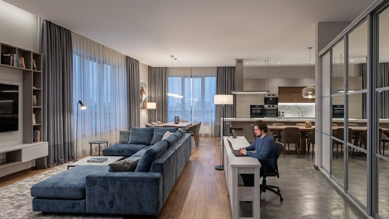 Man with laptop at home, study and internet-based job in a home office, modern digital tools for work.