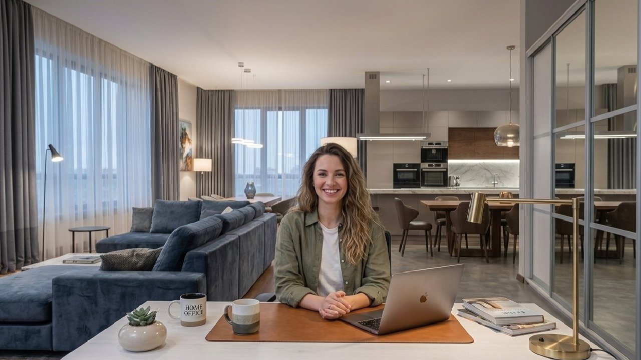 Portrait of cheerful casually clothed beautiful woman sitting at the desk at home office
