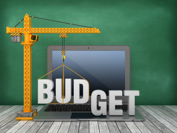 Tower Crane and Laptop with BUDGET Word on Chalkboard Background - 3D Rendering