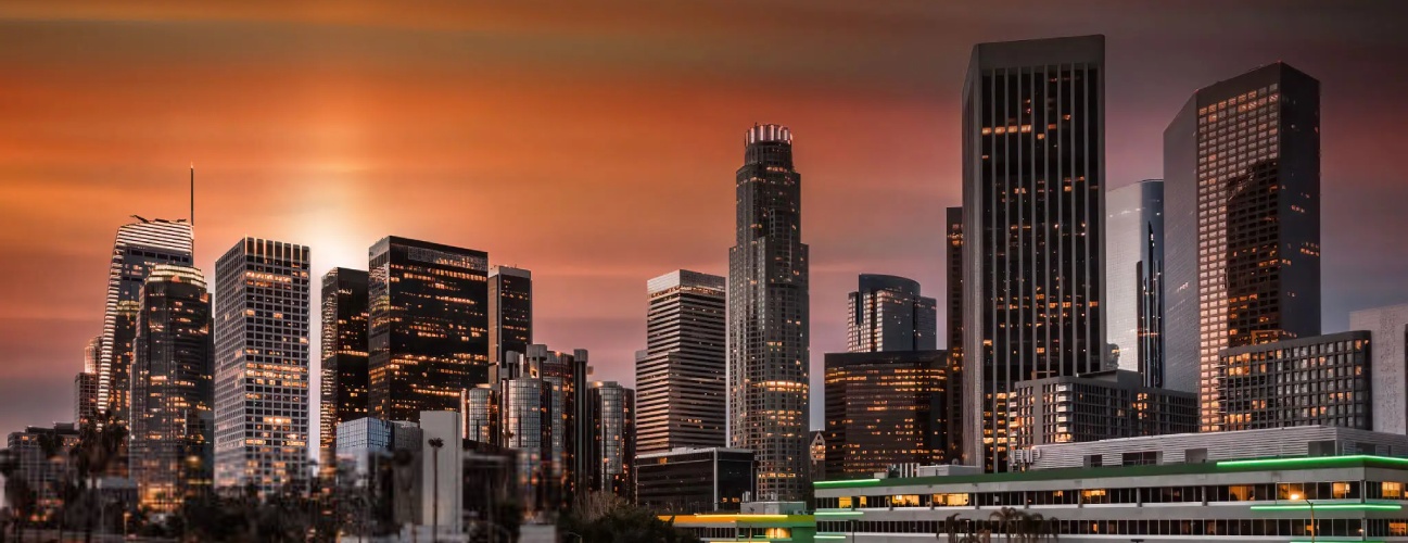 Downtown Los Angeles with traffic motion blur