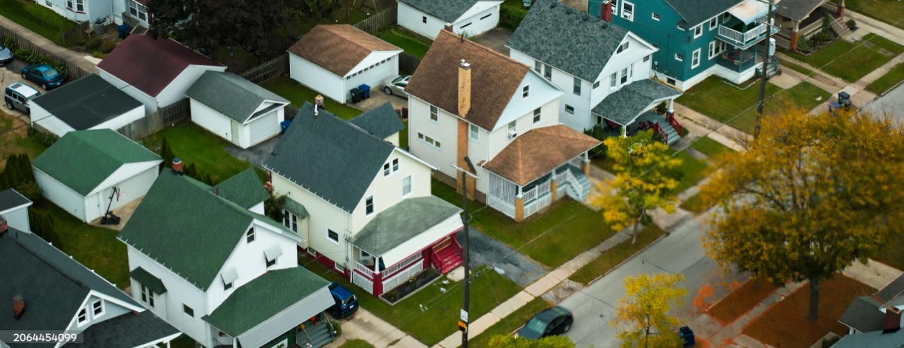 Drone shot of residential streets in los angeles, california, on a cloudy afternoon in Fall.