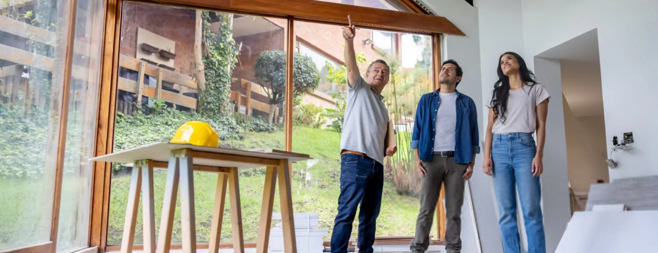 Latin American building contractor talking to clients renovating their house and sharing ideas
