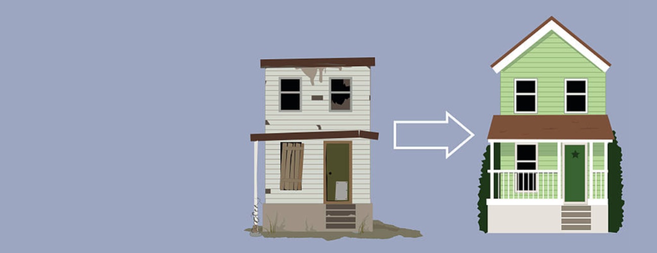 Old, rundown house turned into a nice new two-storey home, EPS 8 vector illustration
