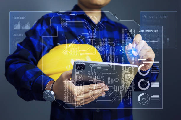 Facility management concept with engineer using tablet to monitoring single line diagram of building or factory to manage devices operation records data and scheduling for maintenance plan