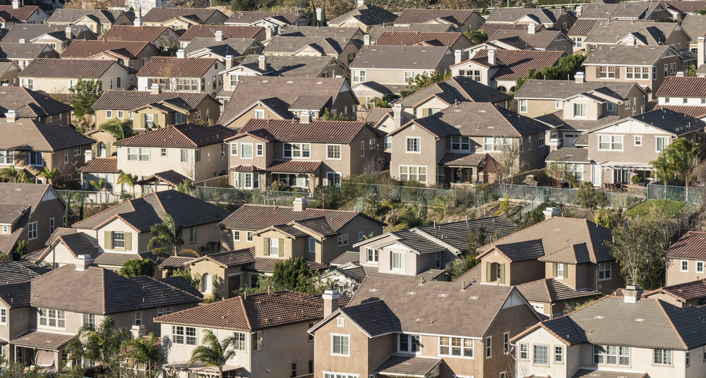 Dense large suburban hillside homes in Simi Valley near Los Angeles, California.