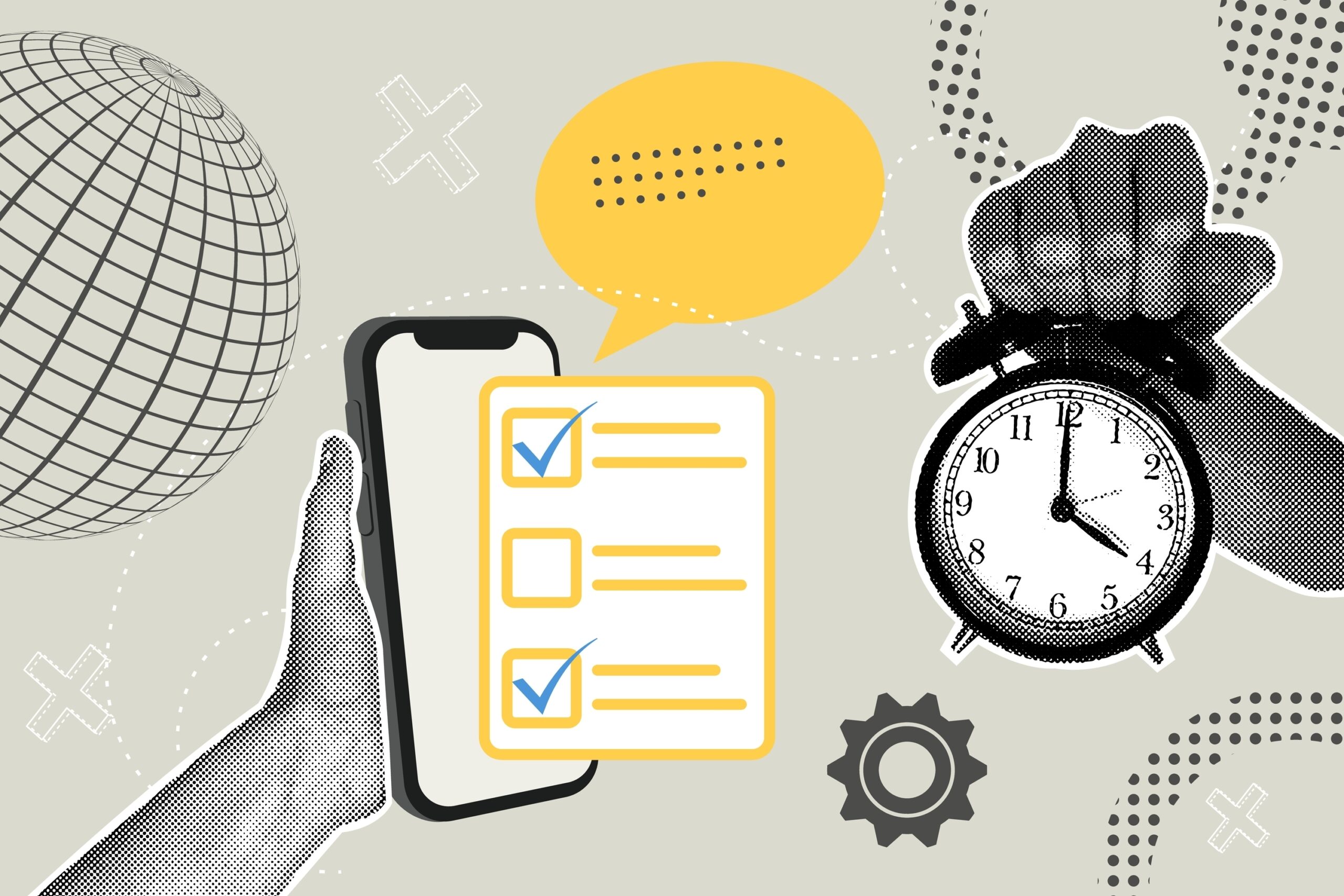 Trendy halftone collage. Hand holding a ringing alarm clock and hand with phone,used for paperless online approval .Vector business concepts for graphic and web design, marketing and print materials