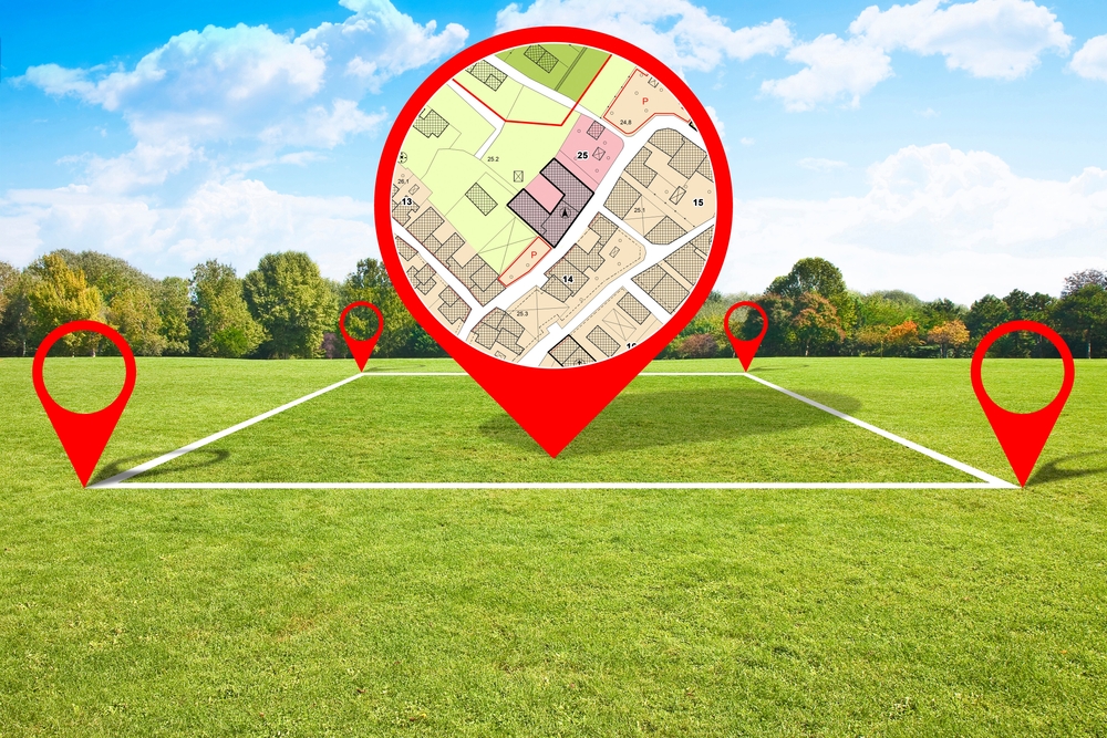 Land plot management - Building permit concept with imaginary General Urban, zoning regulations, destinations, land use, buildable areas and free building land plot on cadastral map - Icon concept