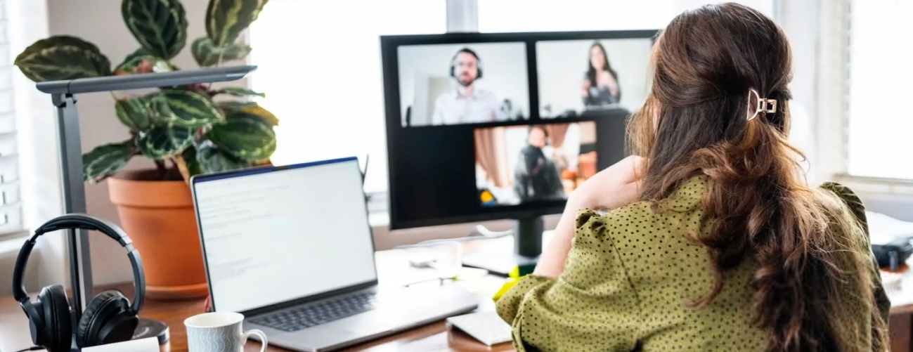 Rear view of woman having a video call meeting with business team on desktop computer while working remotely from home