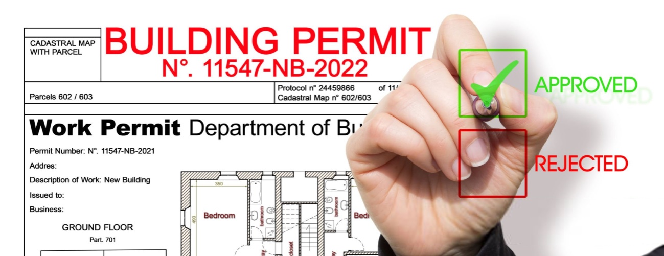 APPROVED BUILDINGS PERMIT CONCEPT in buildings activity and construction industry with approved residential building project and imaginary cadastral map