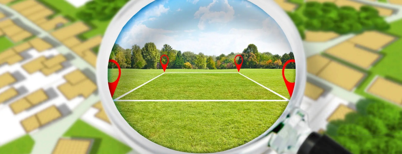 Land management with an imaginary cadastral map of territory with a vacant land available for sale or building construction - Concept seen through a magnifying glass