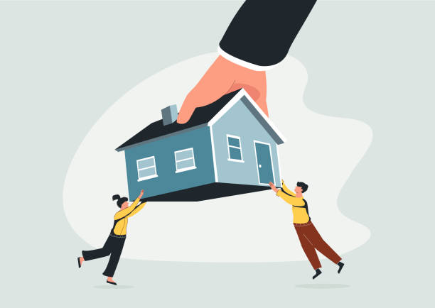 Eviction and mortgage debt, foreclosure or difficulty to payback bank mortgage loan concept, bankruptcy man and family fighting to hold back their house with big legal hand evict it by law. Property