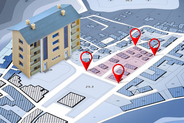 Land management concept with an imaginary cadastral map of territory with a vacant land available for sale or building construction