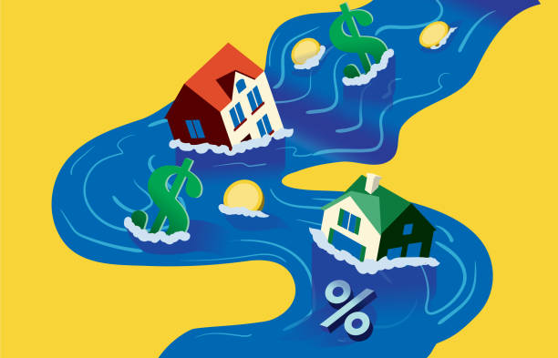 Vector illustration of a Cost of housing or real estate prices abstract river concept with houses and money sinking in water. Includes editable vector eps and high resolution jpg.