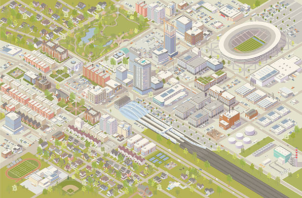 Isometric city vector illustration shows detailed suburbs, downtown, industrial area, and residential neighborhoods. Hundreds of buildings are illustrated in different styles, serving cultural, government, commercial, industrial, and residential needs. A railroad terminal leads into the city center, and a sports stadium has been built nearby. Trees, parks, cars and trucks complete this detailed cityscape, shown in aerial view.