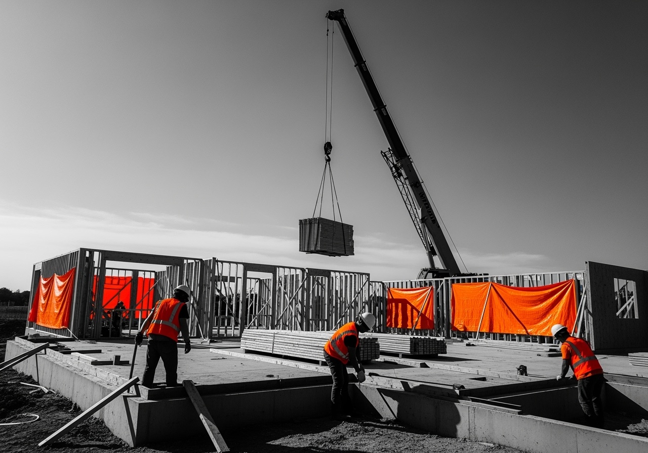 A crane lifting materials onto the foundation, with finishing touches on the home — showing progress from ground