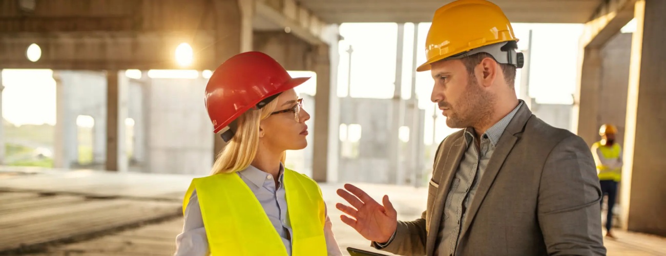 grok-image-ab52af73-db30-483b-82be-a63ed86fc5e0 Young male and female architects looking at floor plans on a construction site
