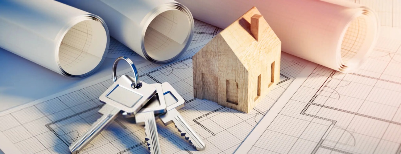 grok-image-ab52af73-db30-483b-82be-a63ed86fc5e0 Keys with symbol house key ring, toy house and architectural plans in sunlight - 3d illustration