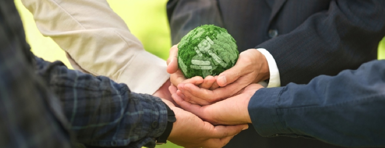 Businessmen join together to hold up a globe with the gavel logo. Concept. Global environmental law and global industry.