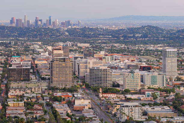 High angle twilight time view of the skyline of the City of Glendale, California. The fourth largest city in Los Angeles County with a population of 200,000 - Glendale is located about 10 miles north of downtown Los Angeles. It has one of the largest communities of Armenian in the country.