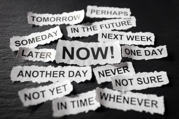 Procrastination and urgency concept with torn newspaper headlines excuses reading someday, later, one day, tomorrow, whenever etc