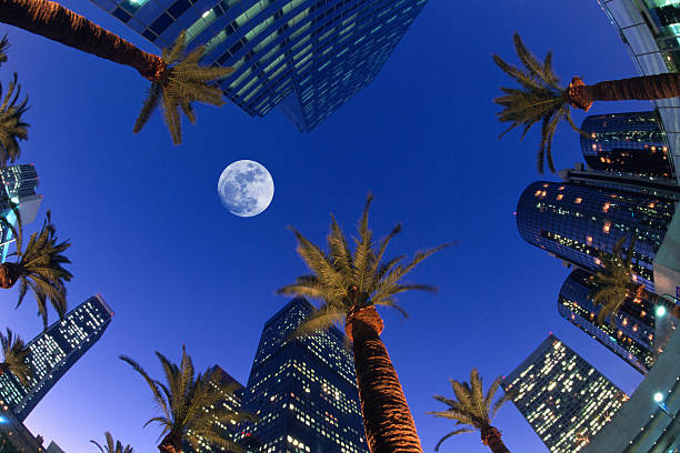 USA, California, Downtown towers , full moon rise