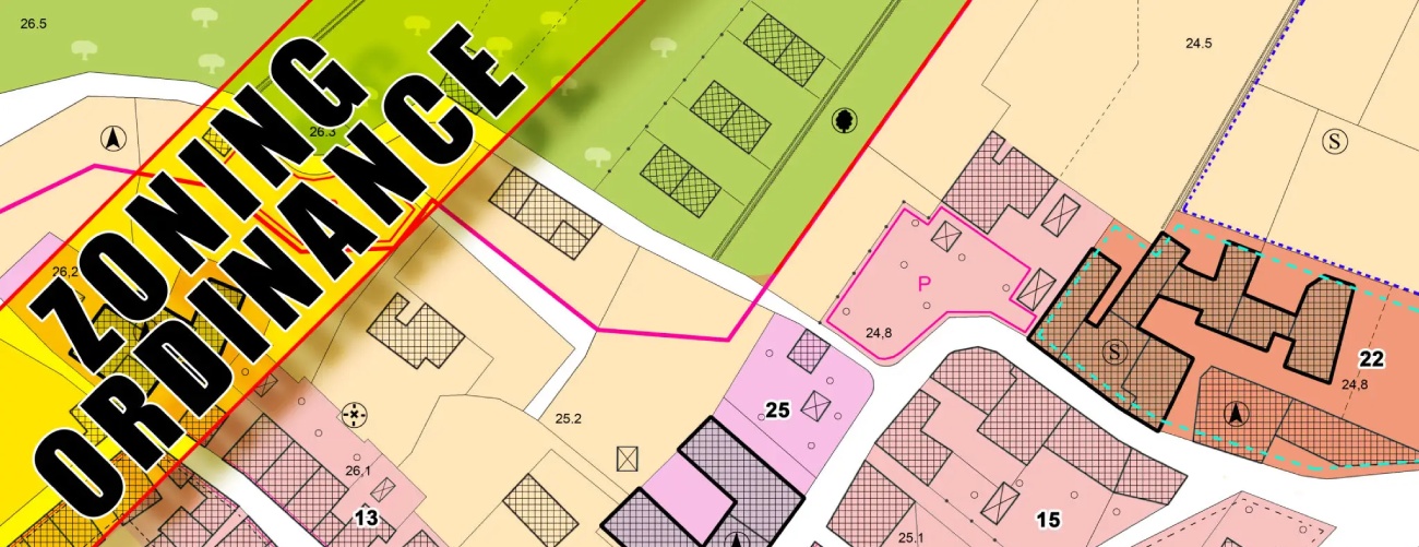 ZONING ORDINANCE CONCEPT with imaginary General Urban Plan, indications of urban destinations with buildings, buildable areas, land plot and real estate land property