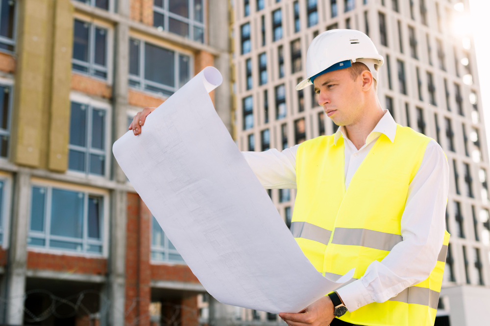 Side view architect with safety vest and plans 