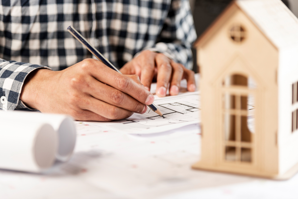 People writing in background and wooden house 
