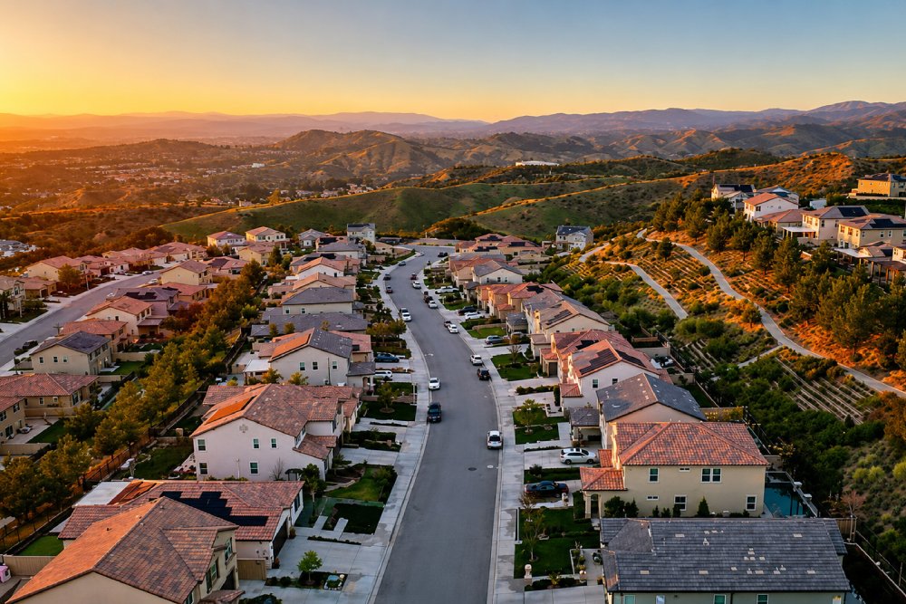 Aerial photograph of low-rise housing in Santa Clarita, CA. Shot at sunset.
