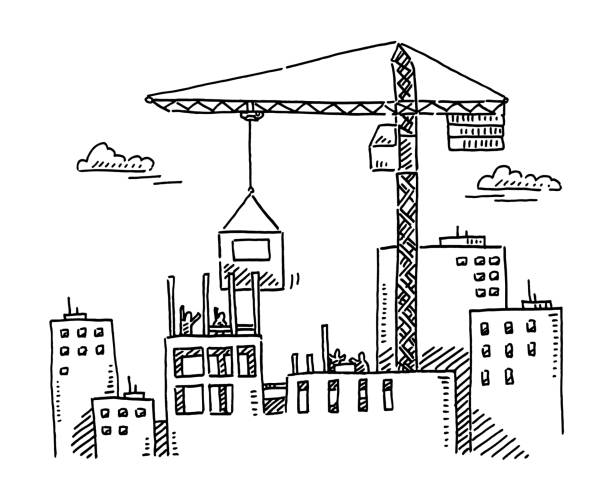 Hand-drawn vector drawing of a City Building Construction Site with a big Crane. Black-and-White sketch on a transparent background (.eps-file). Included files are EPS (v10) and Hi-Res JPG.