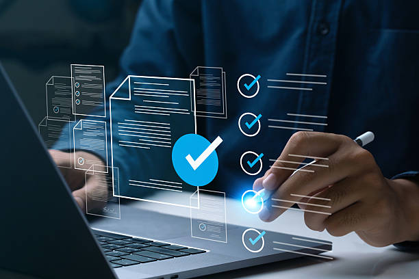Business performance checklist, Businessman using laptop online survey filling out check digital form task, business performance monitoring and evaluation. online survey question form. online exam.