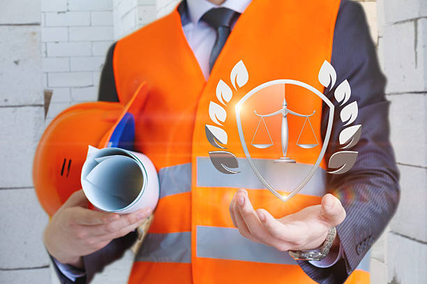 Builder symbolizes legal protection in construction. A builder showcases a symbol of legal protection during a construction project, wearing safety gear and holding architectural plans.