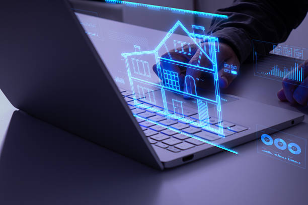 Man interacting with holographic blueprint of a house in blue color. Concept of smart home, automation, control cctv network, internet of things (iot), smart city, saving energy and air conditioning.