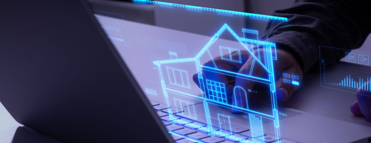 Man interacting with holographic blueprint of a house in blue color. Concept of smart home, automation, control cctv network, internet of things (iot), smart city, saving energy and air conditioning.