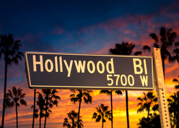 A stock photo of the Hollywood Blvd road sign in Los Angeles, California.