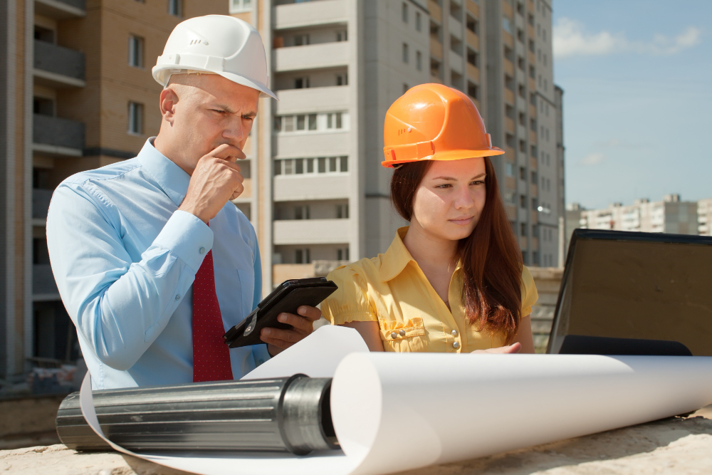 Architects works in front of building site