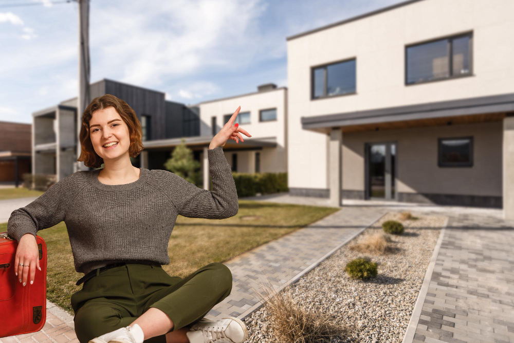 Happy woman on the background of a new house. Portrait of first time buyer, house owner, apartment renter, flat tenant or landlady. Moving day and buying own property concept.