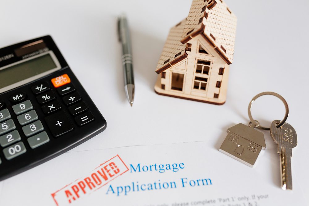 Mortgage contract and house figurine