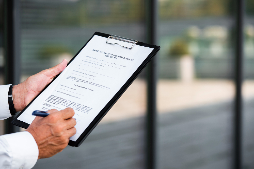Close-up businessman writing on clipboard 