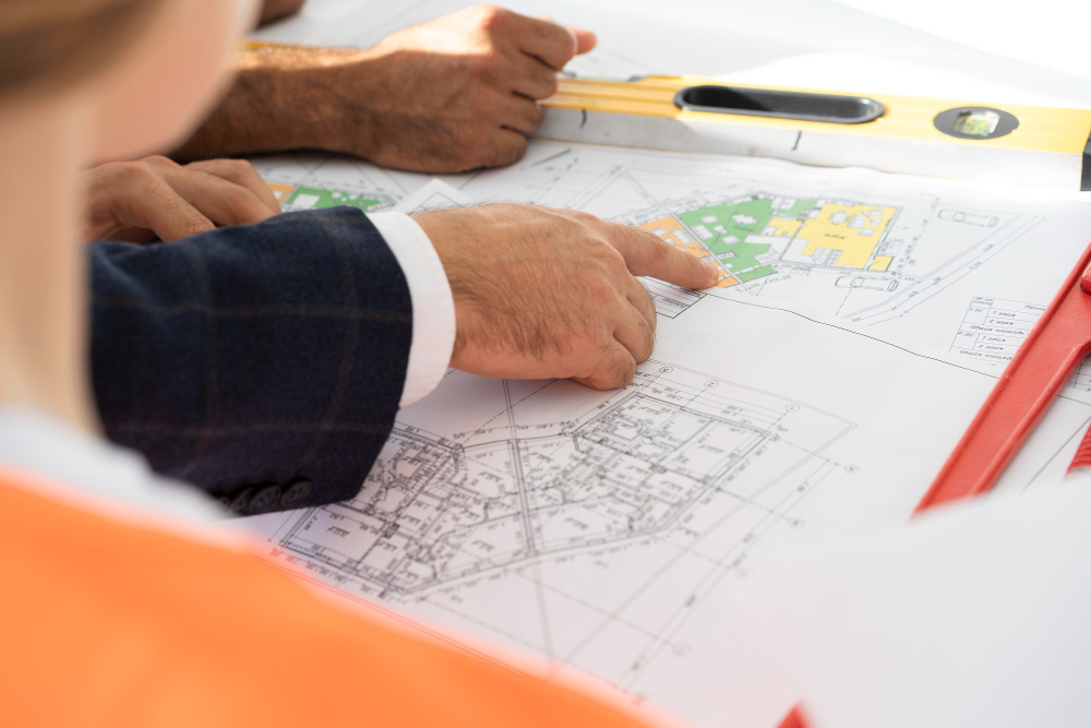 Close-up people holding building sketch