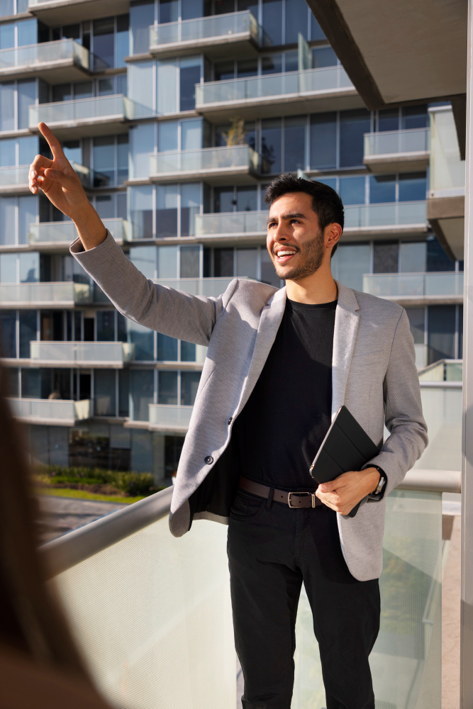 Front view real estate agent working 