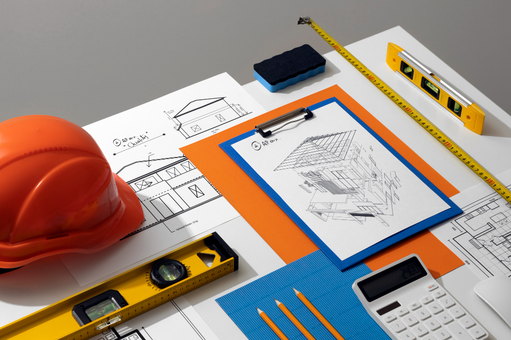 High angle measuring tools on desk still life 