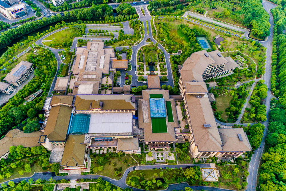 Overhead shot of the buildings and streets of a neighborhood