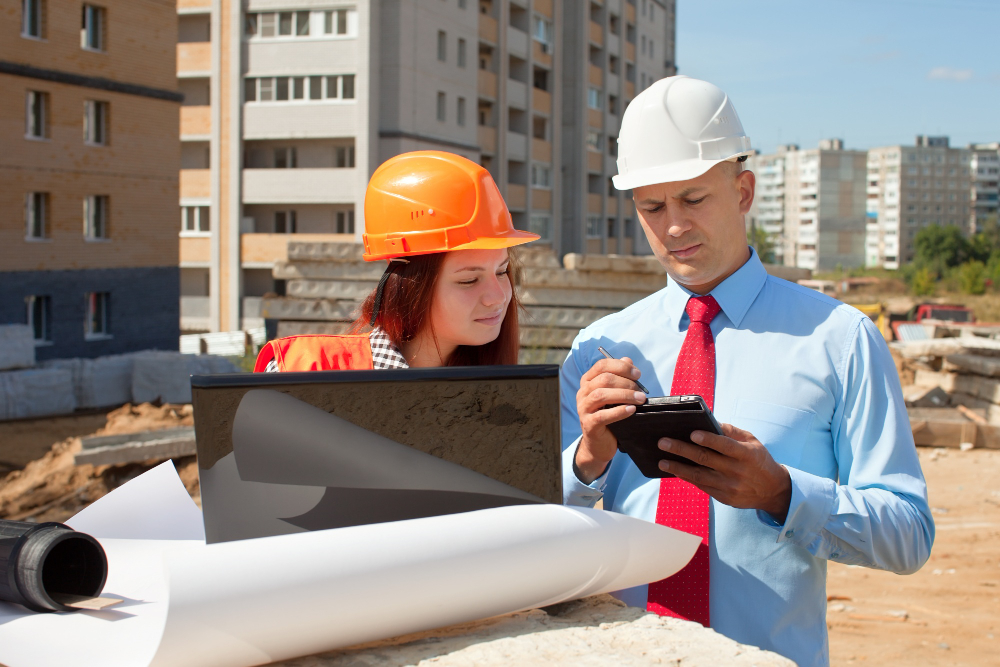 Two architects in front of building site