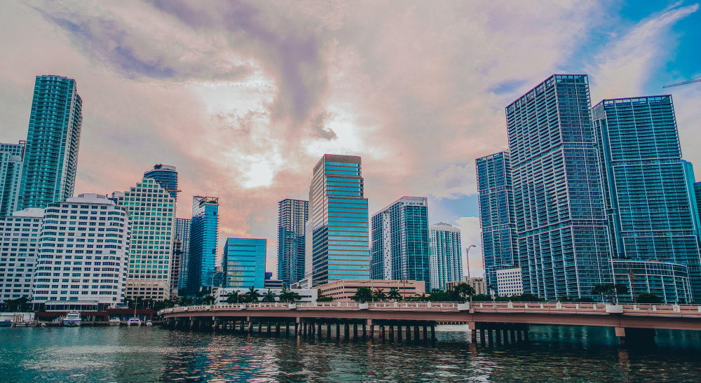 Cityscape with a bridge and skylines in brickell key park miami usa