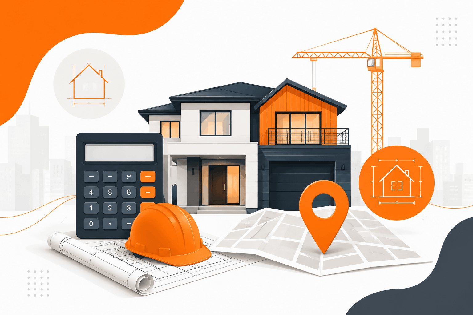 Modern residential construction cost calculator illustration with house, calculator, blueprint, crane, and ZIP code location elements in orange and gray colors