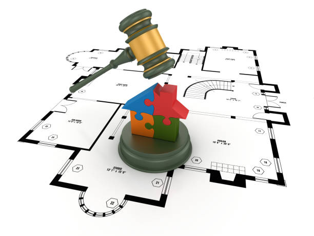 Legal Gavel on Floor Plan with Puzzle House - White Background - 3D Rendering
