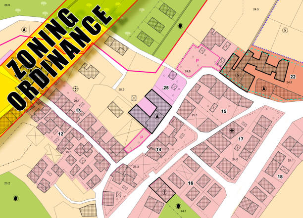 ZONING ORDINANCE CONCEPT with imaginary General Urban Plan, indications of urban destinations with buildings, buildable areas, land plot and real estate land property