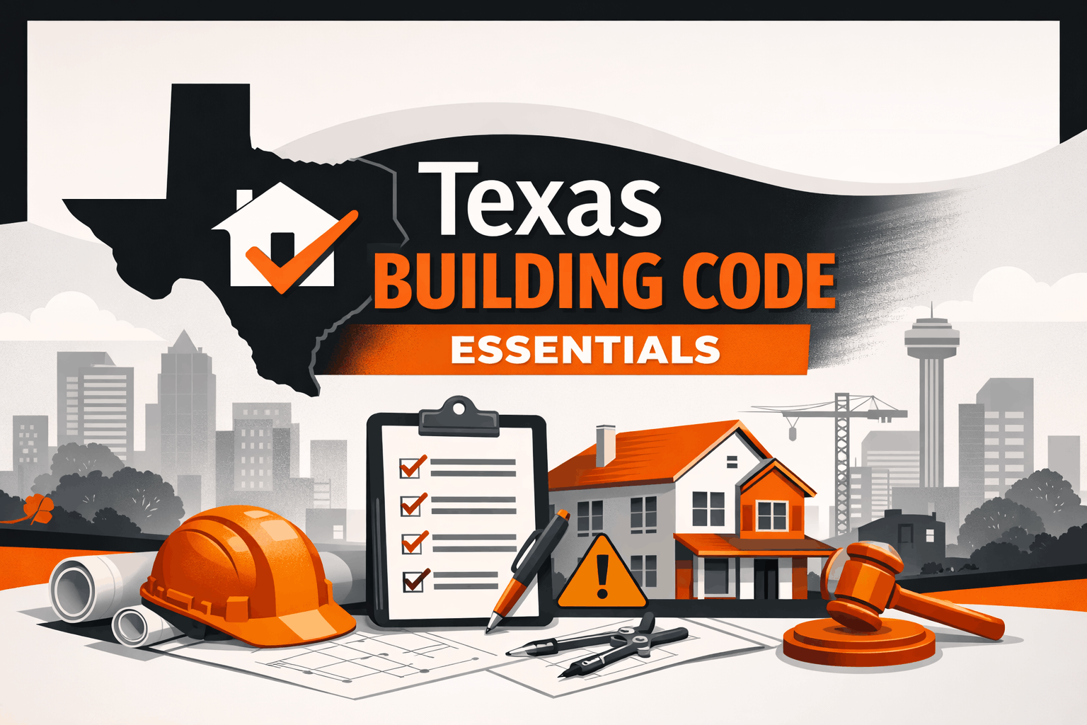 Feature image showing Texas Building Code Essentials with a Texas state outline, construction tools, inspection checklist, and residential building design in orange, black, and grey theme.