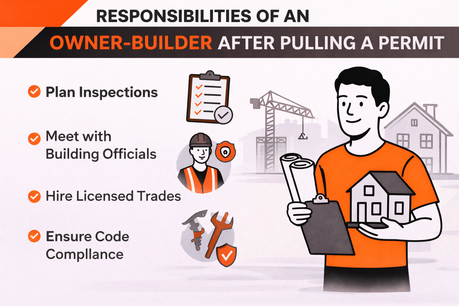 Landscape infographic showing responsibilities of an owner-builder after pulling a permit, including planning inspections, hiring licensed trades, meeting building officials, and ensuring code compliance.